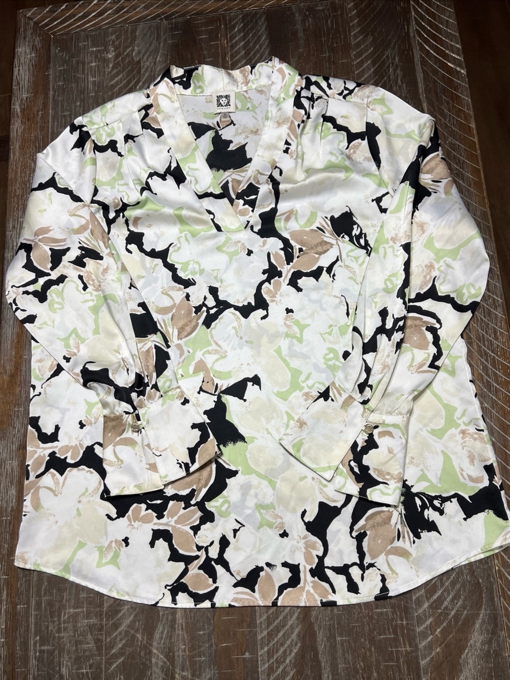 Anne Klein Satin Green/Brown/Black Floral Print Blouse Size M